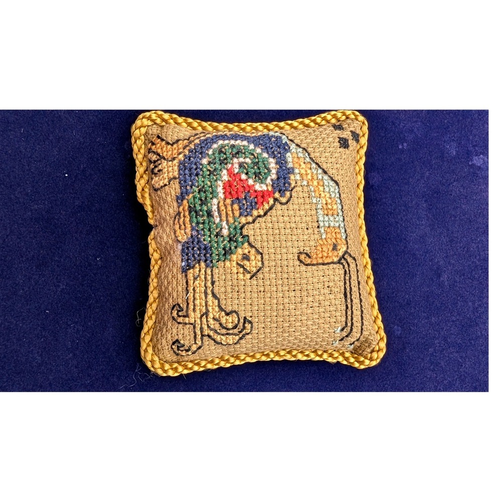 Vintage Needlepoint Pin Cushion Bird Phoenix Motif Gold Cord Trim Navy Back